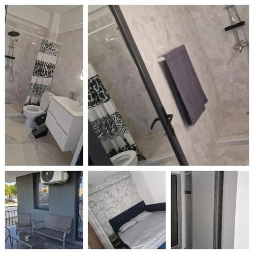 a collage of pictures of a bathroom with a toilet and a sink at Raul Studio in Saturn