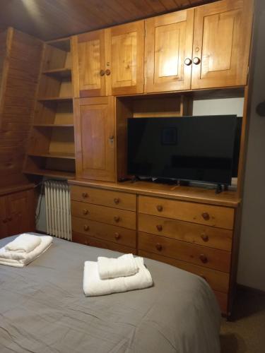 a bedroom with a tv and a bed with towels at Casa Las Mutisias in San Martín de los Andes