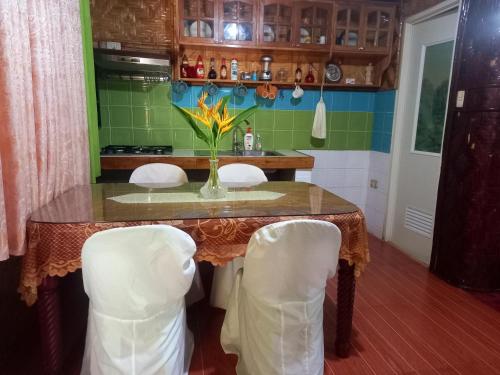 a kitchen with a table with chairs and a vase of flowers at Hidden Tourist Inn in Mambajao