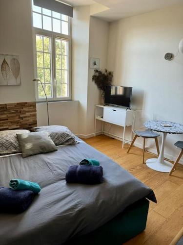 une chambre avec un lit avec deux oreillers dessus dans l'établissement 5 - Cosy Studio in Old Antibes, à Antibes
