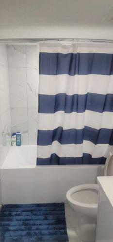a bathroom with a blue and white shower curtain and a toilet at A Cozy home away from home at South East Calgary in Calgary