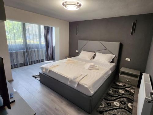 a bedroom with a large bed and a large window at Apartament Iulius 3 camere in Curtea de Argeş