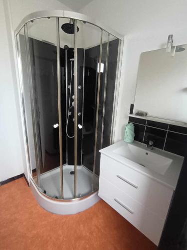 une salle de bain avec une douche avec un lavabo et un miroir dans l'établissement Gite de Paulette, à Pont-de-Briques