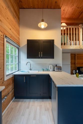 a kitchen with dark blue cabinets and a sink at Walliswood Lodge - Wood Burner, Air Con & Wi-fi, Rural Retreat in Ewhurst