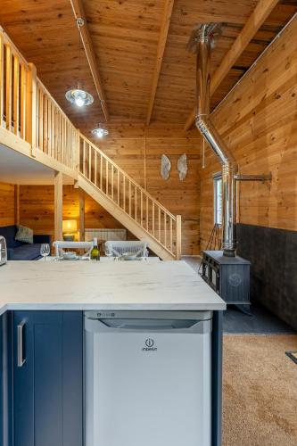 a kitchen with a stove in a wooden house at Walliswood Lodge - Wood Burner, Air Con & Wi-fi, Rural Retreat in Ewhurst