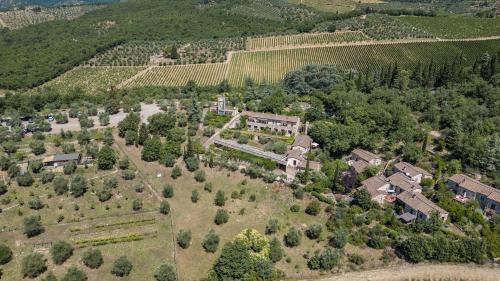 an aerial view of a house in a vineyard at Bacco in Gaiole in Chianti