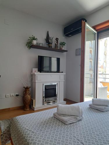 a bedroom with a bed with a fireplace and a tv at Studio Mišel in Vrnjačka Banja