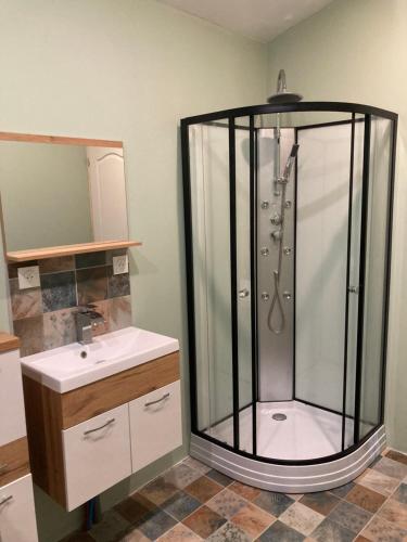 une salle de bain avec douche et lavabo dans l'établissement Loft spacieux, à Saint-Gervais