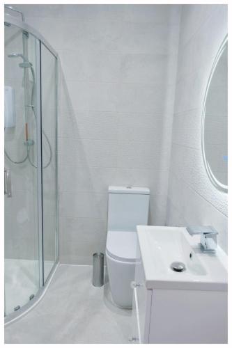 a bathroom with a toilet and a sink and a shower at The Grandeur Mill in Bradford