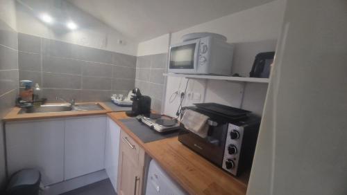 a small kitchen with a microwave and a sink at Maisonnette avec jardin et piscine privée in Grabels