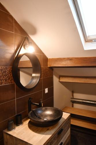 une salle de bain avec un lavabo et un miroir sur un comptoir dans l'établissement Gite Factory - T2 de 51m2 5 min centre ville Bergerac - Les Bergeronnettes, à Bergerac