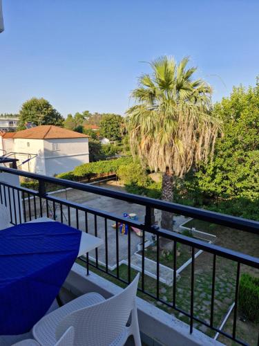 a balcony with a view of a palm tree at Hotel Athina in Asprovalta