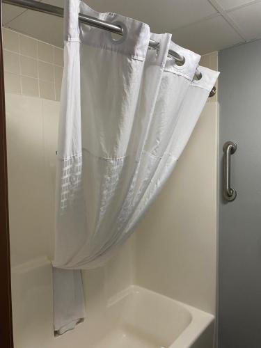 a shower curtain hanging over a sink in a bathroom at AmericInn by Wyndham Webster City in Webster City