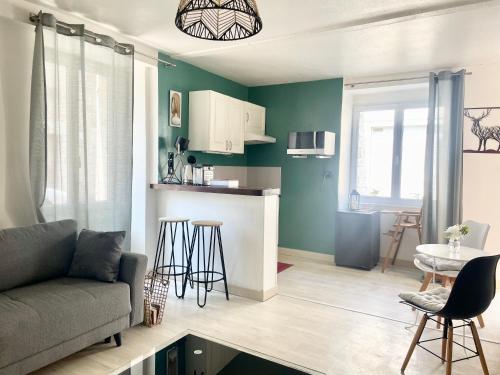 un salon avec un canapé et une cuisine dans l'établissement Joli appart cour proche bord de loire, à Blois