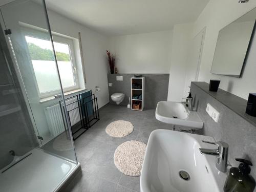 a bathroom with a sink and a shower and a toilet at Ferienhaus am Schorren in Bad Schussenried