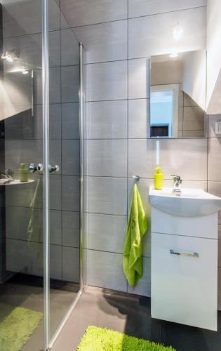 a bathroom with a sink and a shower at Witómë Kaszubskie Siedlisko in Załakowo
