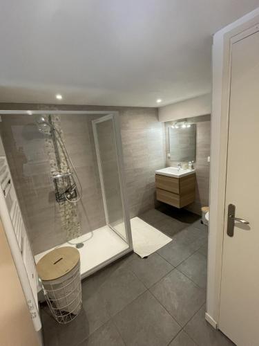 une salle de bain avec une douche, des toilettes et un lavabo dans l'établissement Le cosy Lorientais, à Lorient