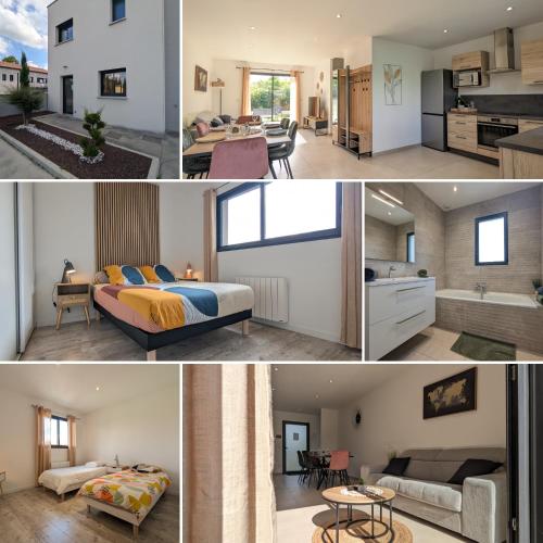 un collage de photos d'une chambre et d'un salon dans l'établissement Maison TESLA aéroport gare cnpe rte Golf de Lyon, à Jons