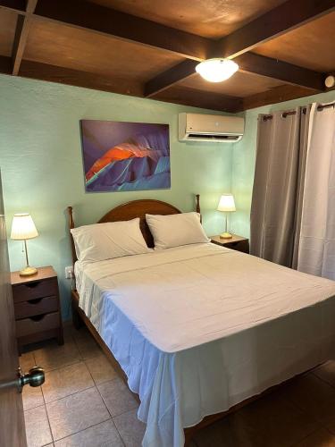 a bedroom with a bed and two lamps on tables at El Cayuco Restaurant Apart Hotel in Boca Chica