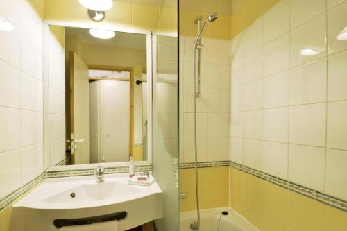 une salle de bain avec un lavabo, une douche et un miroir dans l'établissement Résidence Themis - Studio pour 4 Personnes 735, à Mâcot La Plagne