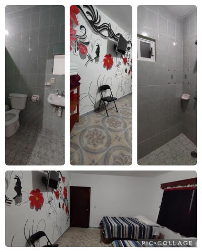 a collage of four pictures of a bathroom at Posada TEO in Xilitla