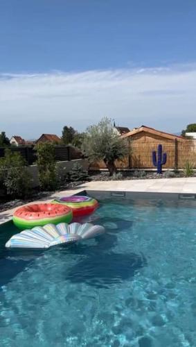 - une piscine avec deux gonflables dans l'eau dans l'établissement Villa de l'Elbe proche Europapark en Alsace, à Marckolsheim