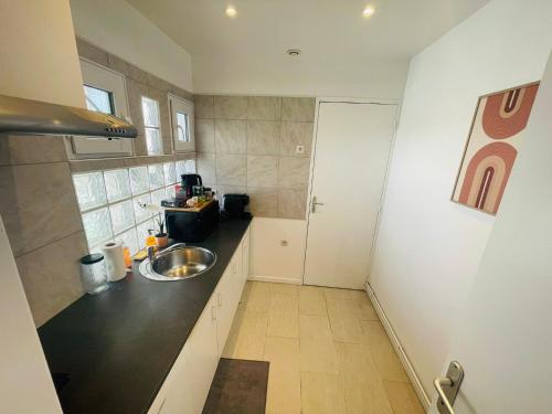 une petite cuisine avec un évier et un comptoir dans l'établissement Le Falcon Proche de Aeroport et Parc Exposition, au Bourget