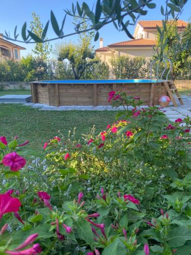 a garden with flowers in front of a pool at La Torribina 2 in Cerreto Guidi