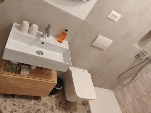 a bathroom with a white sink and a toilet at Omis apartment - near beach and town center, ground floor with small garden in Omiš