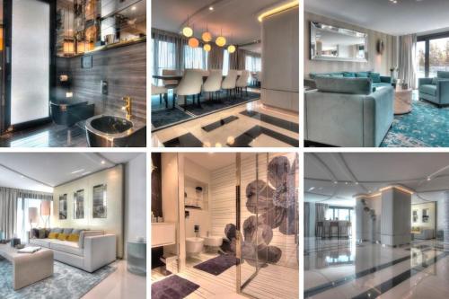 un collage de quatre photos d'un salon et d'une salle à manger dans l'établissement Cannes Croisette 4 chambres luxe - 7C, à Cannes