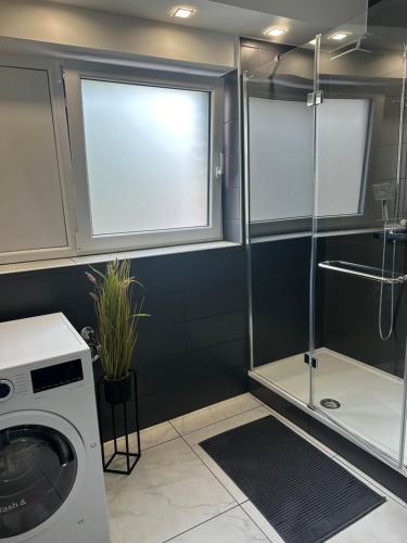 a bathroom with a washing machine and a shower at Apartment MiRa 2 in Pulheim