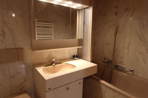 y baño con lavabo y ducha con espejo. en Forêt C13, en Château-d'Oex