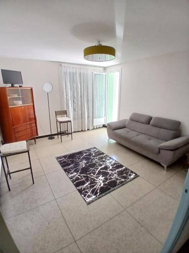 un salon avec un canapé et un tapis dans l'établissement chambre dans une appartement la belle de mai, à Marseille