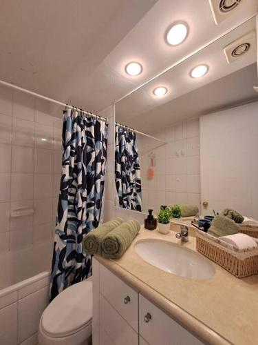 a bathroom with a sink and a toilet and a mirror at Bellavista Cozy Apartment in Santiago