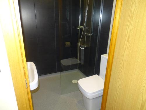 a bathroom with a shower and a toilet and a sink at Oddfellows Hotel in Carlton