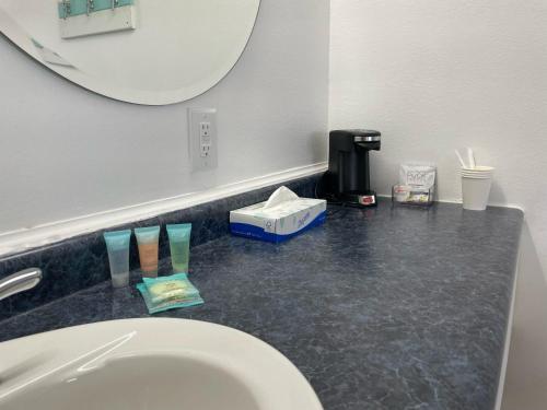 a bathroom counter with a sink and a mirror at Single King Room in Lake City