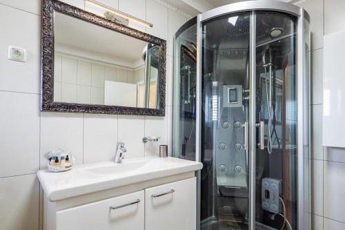 a bathroom with a sink and a shower at Stone Garden Villa, Heated Pool & Outdoor Cinema in Trilj