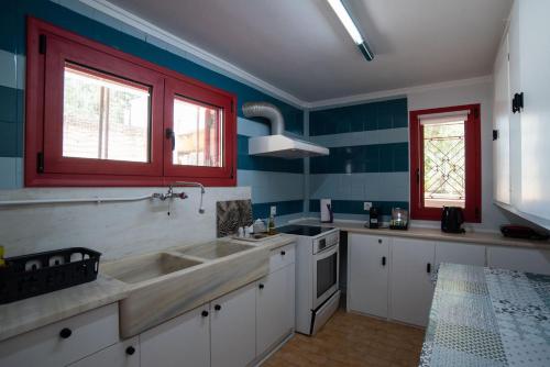 a kitchen with a sink and a red window at Oregano peaceful complex in Porto Rafti