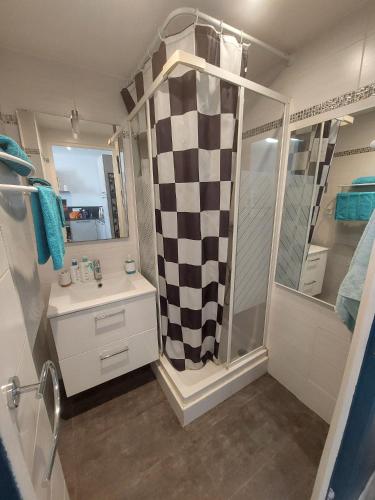 une salle de bain avec un rideau de douche à carreaux et un lavabo dans l'établissement Nice Charmant 2 pièces, à Nice