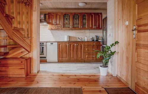 a kitchen with wooden cabinets and a potted plant at Holiday Home Ostróda Rus Mala Ii in Ostróda
