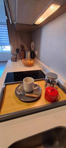 a kitchen counter with a plate and a cup on it at Montenegro Departamentos in Temuco