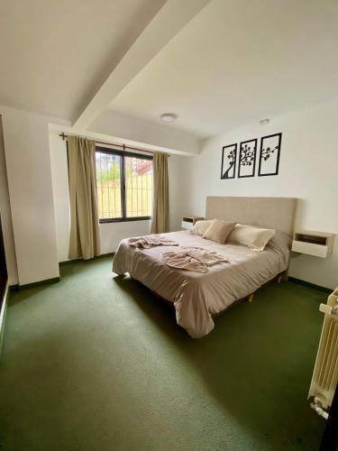 Un dormitorio con una cama grande y una ventana en Departamento Céntrico Belgrano 2, en San Carlos de Bariloche