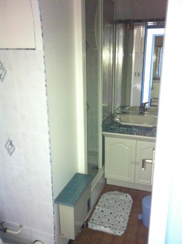 La salle de bains est pourvue d'un lavabo et d'une douche avec un banc. dans l'établissement Appartement Cap D'Agde, au Cap d'Agde