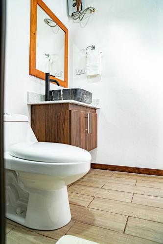a bathroom with a white toilet and a mirror at Villas y Casa Dìwö - Puerto Viejo in Hone Creek