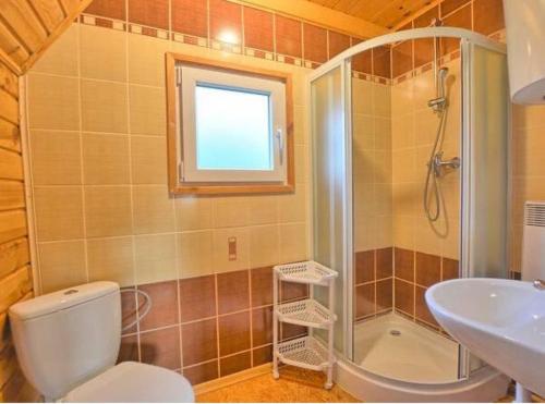 ein Badezimmer mit Toilette, Dusche und Waschbecken in der Unterkunft Domki WiliCamp in Polańczyk