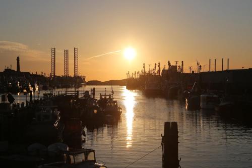 a sunset over a harbor with boats in the water at Hotel Rauw aan de Kade in IJmuiden