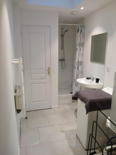La salle de bains est pourvue d'une porte blanche et d'un lavabo. dans l'établissement Appartement Le Valbelle RDC Centre Ville Saint-Omer, à Saint-Omer