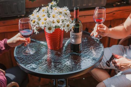 a group of people sitting around a table with wine glasses at Wellness Penzion u Michala in Zuberec