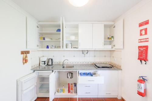 a kitchen with white cabinets and a sink at Authentic apartment in rural area in Pindo