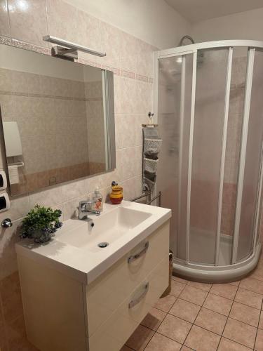 une salle de bain avec un lavabo et une douche dans l'établissement Belle Vue de St Gervais, à Saint-Gervais-les-Bains